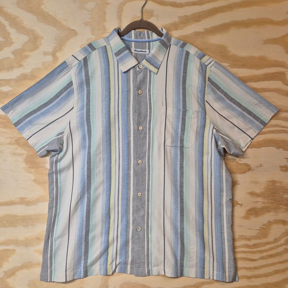 Tommy Bahama XXL 100% Silk Striped Button Up Shirt Blue Green Cream Oversized